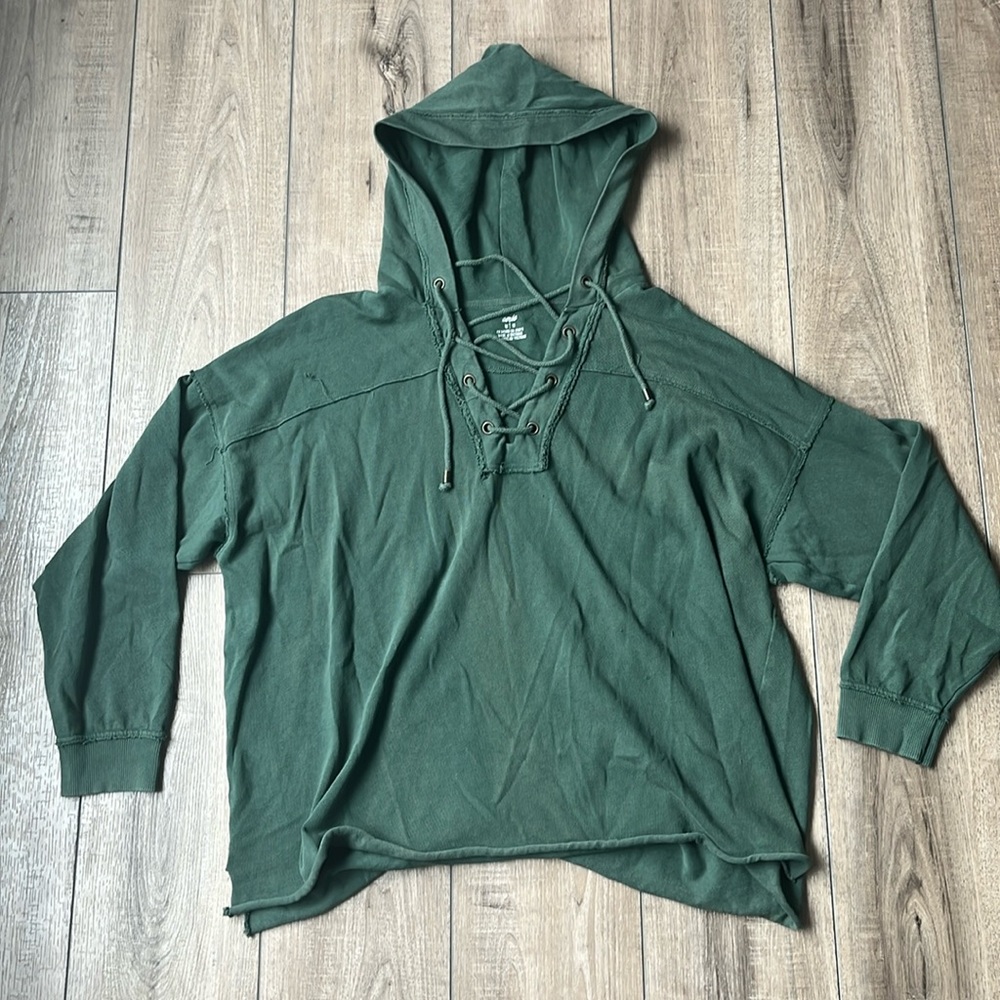 Aerie Distressed Lace-Up Oversized Cotton Hoodie